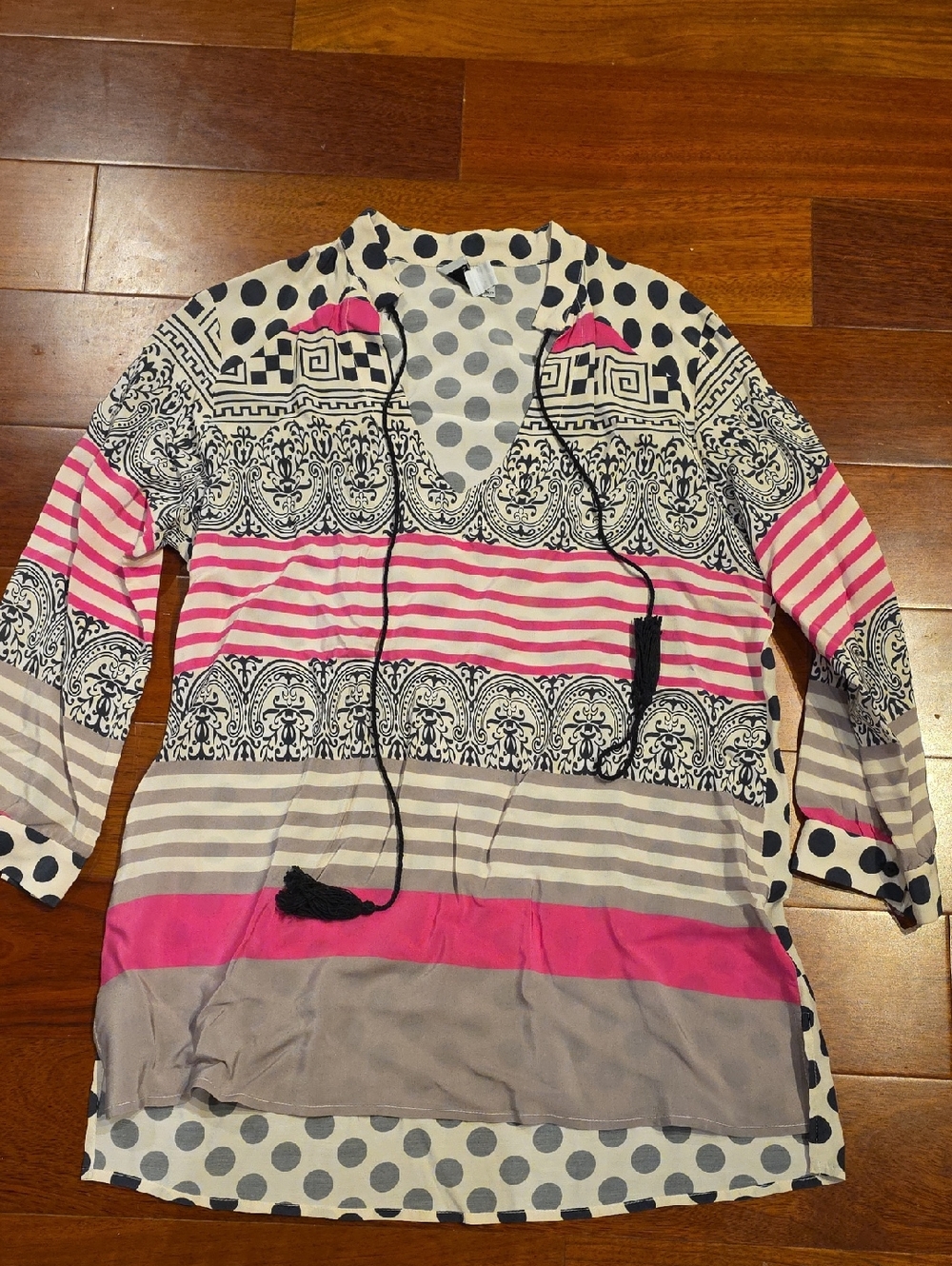 Atina Cristina Striped, Polka Dot, Mixed-Pattern Tunic Top in Pink, Gray, Black,